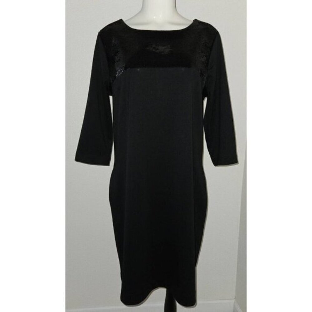 Liz Claiborne Solid Black Dress Sheath Sequins 3/4 Sleeve LBD Size 16